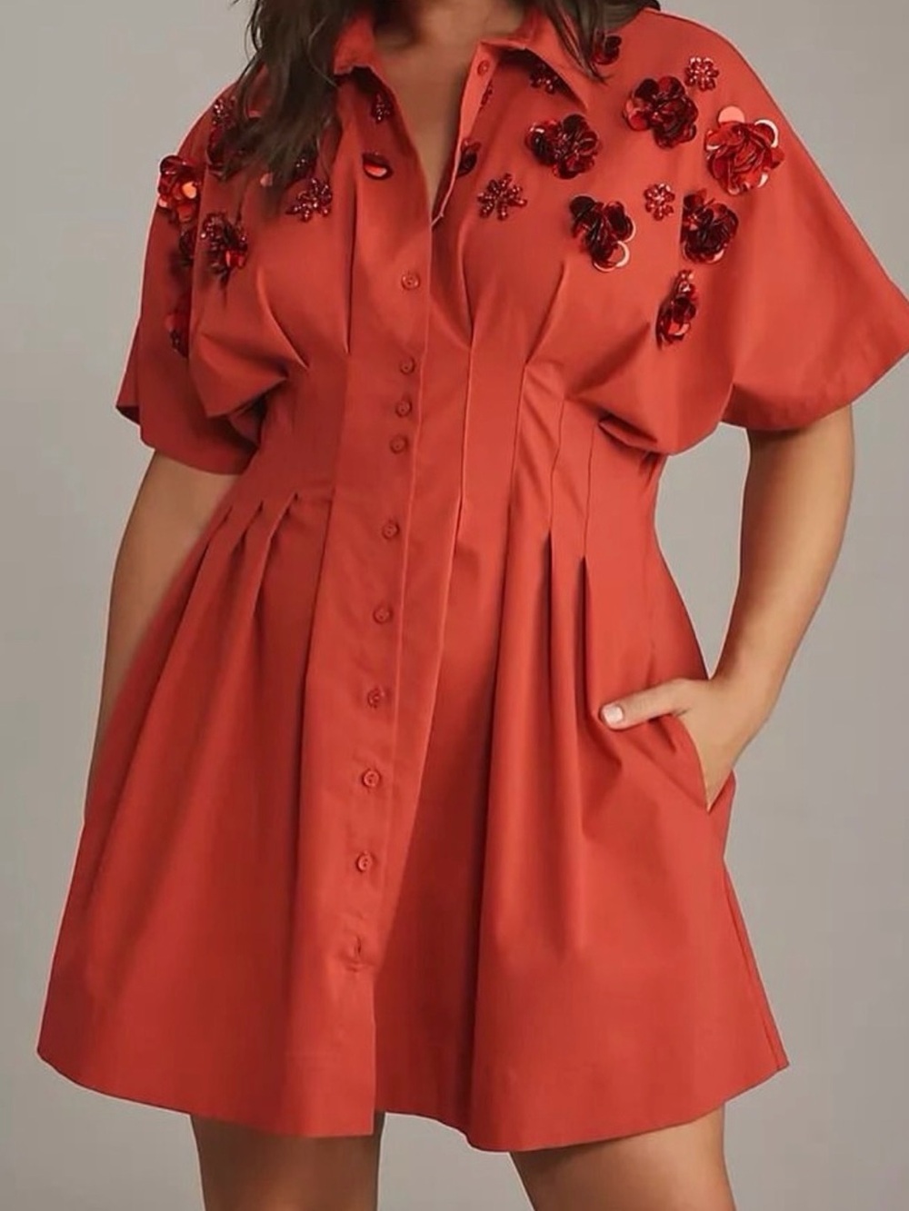 Exquise Tobi Mini Red Embellished Mini Shirt Dress